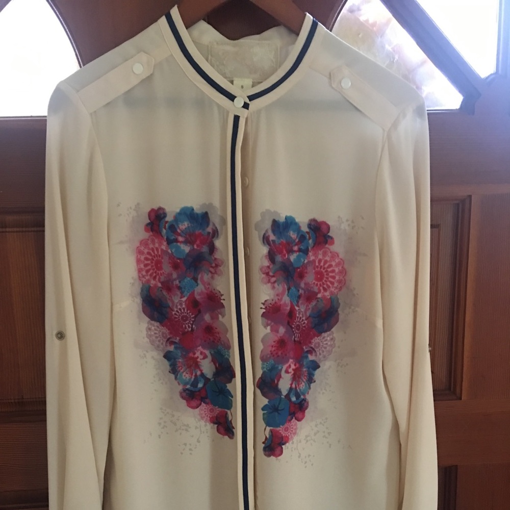 Heart Print Grosgain Ribbon Trimmed Blouse